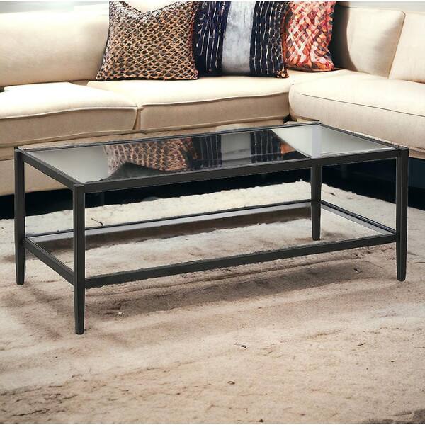HomeRoots 45 in. Black Rectangle Glass Coffee Table with Shelves;Storage