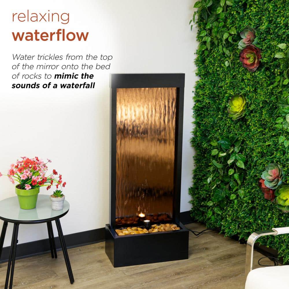 Bronze Mirror Waterfall Fountain with Stones and Lights, 48" Tall