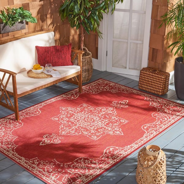 Beach House Red/Cream Doormat 2 ft. x 4 ft. Border Oriental Indoor/Outdoor Area Rug