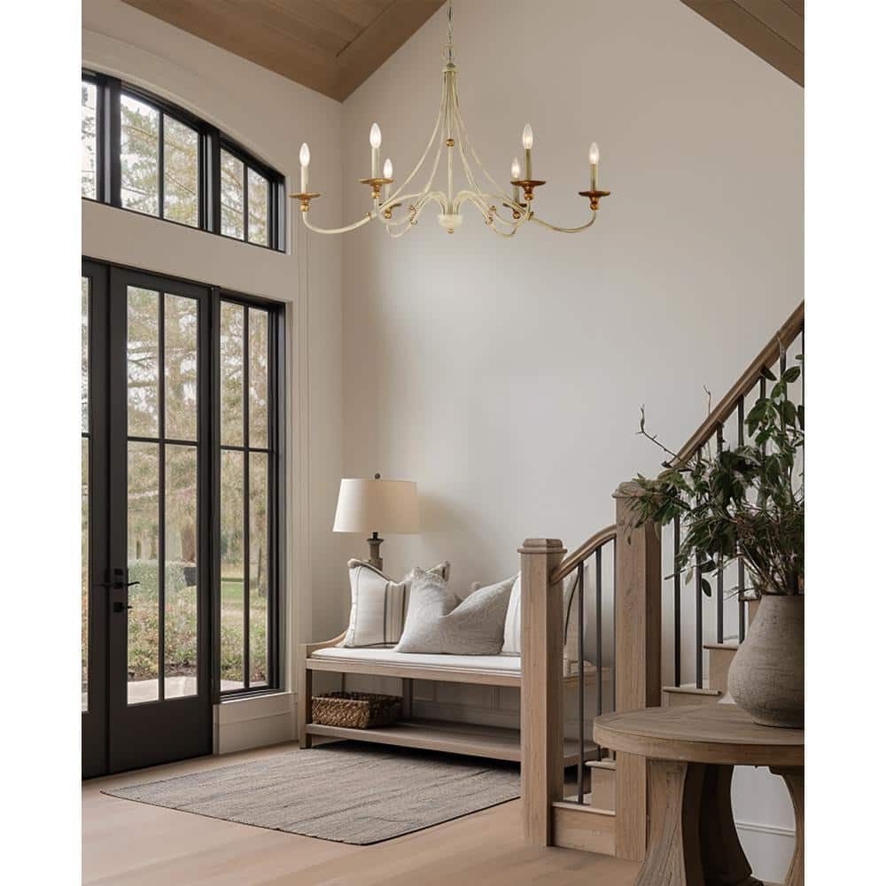 Farmhouse White and Gold Leaf 6-Light Chandelier