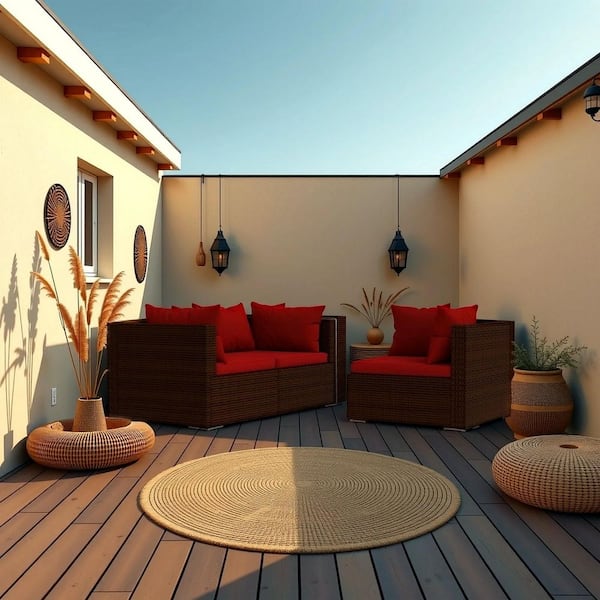 Benjara 3-Piece Brown Wicker Rattan Outdoor Modular Sectional Sofa with Red Cushions