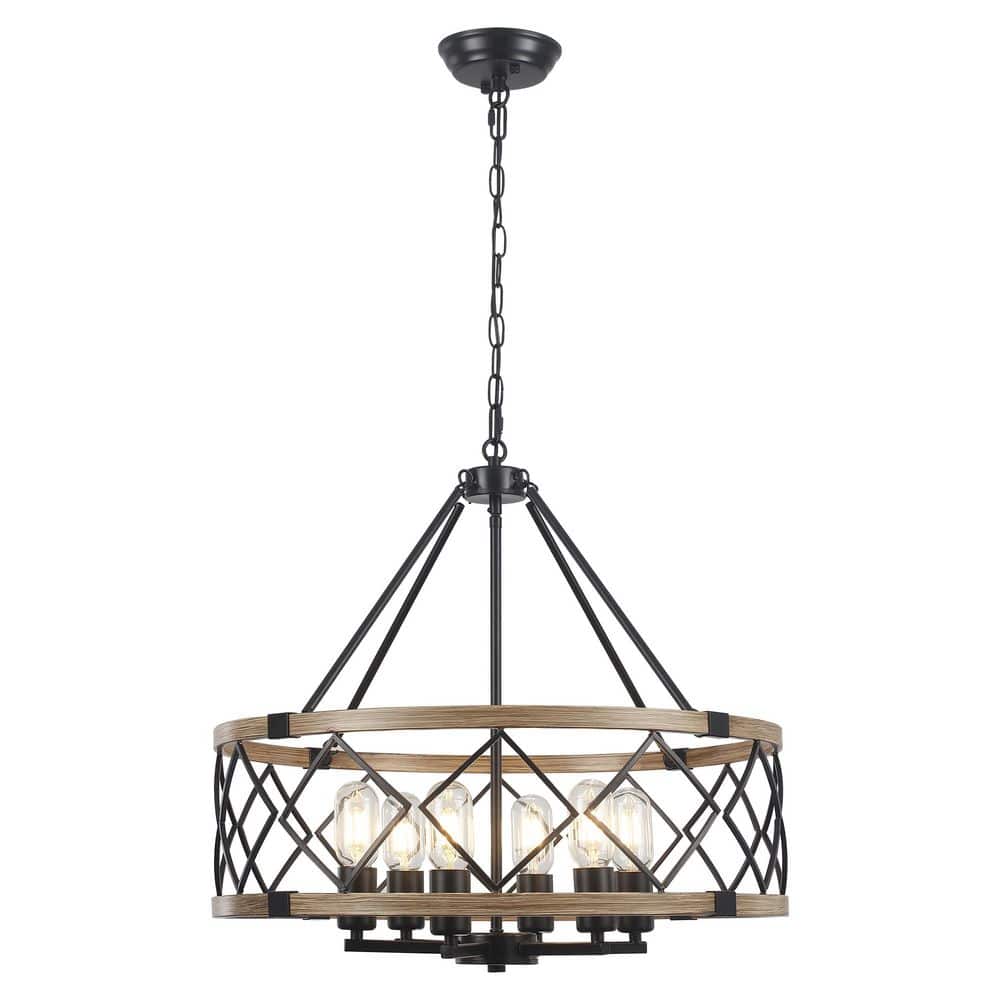 "6 light 21.65"" Black/Wood Grain Dimmable Farmhouse Geometric Drum Chandelier for Kitchen Island with no bulbs included" price history on PriceWatchPro
