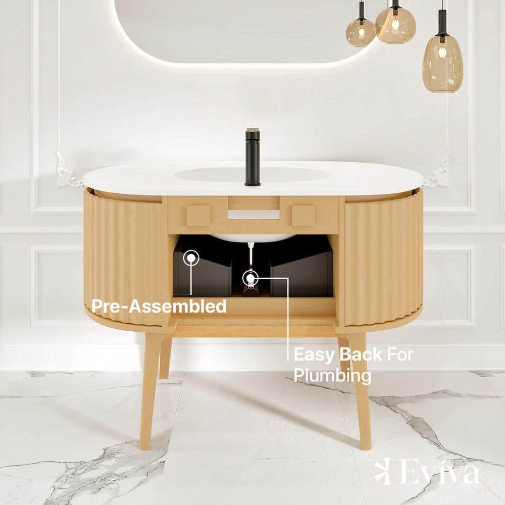 Natural Oak Freestanding Bathroom Vanity with White Solid Surface Top