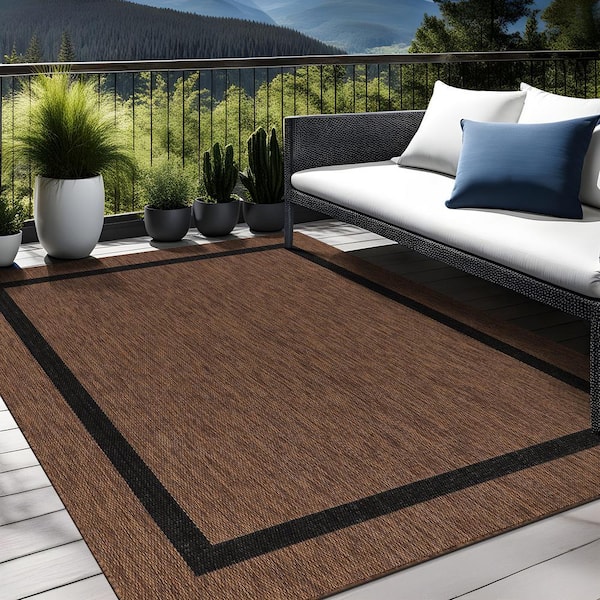 9 X 12 Gold Black Waikiki Modern Bordered Indoor Outdoor Area Rug