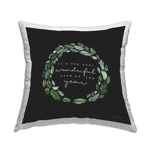 Stupell Industries Most Wonderful Time Of Year Pine Wreath Black Square Outdoor Throw Pillow