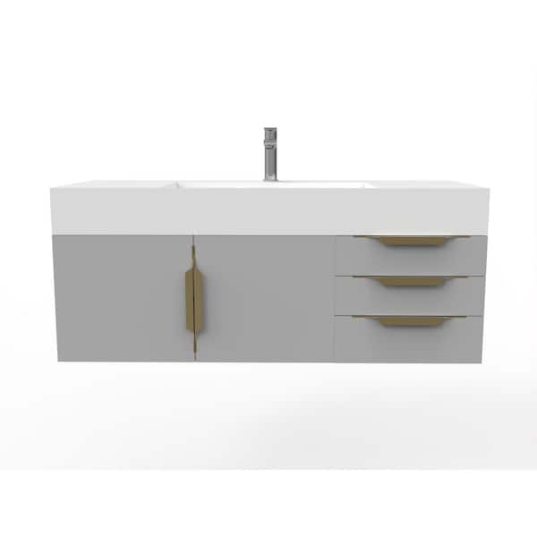 castellousa Maranon 48 in. W x 19 in. D x 19.25 in. H Single Bath Vanity in Matte Gray with Gold Trim and White Solid Surface Top