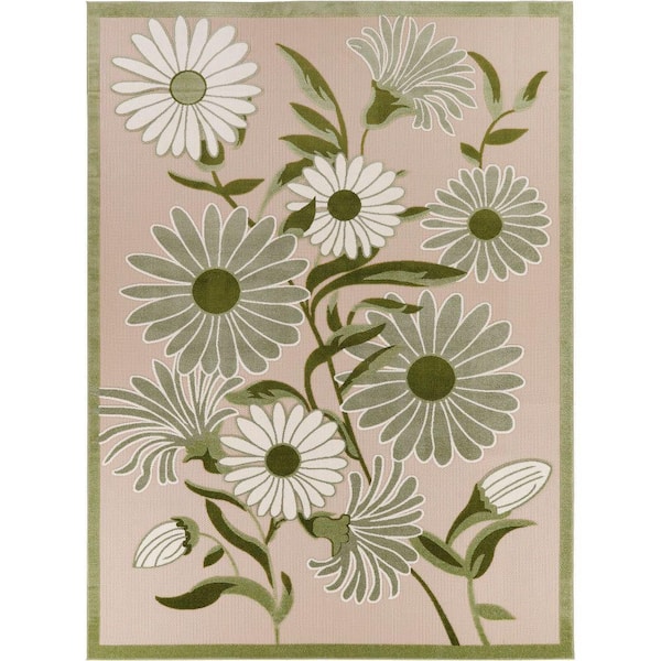 Aloha Ivory Green 8 ft. x 11 ft. Botanical Contemporary Indoor/Outdoor Area Rug