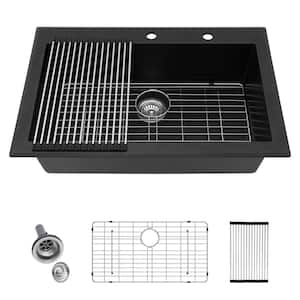 33 in. Drop-In Single Bowl Black Qt. Composite Kitchen Sink with Bottom Grids and Strainer