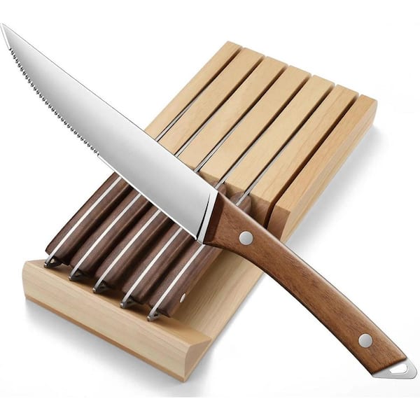 4.5 in. High Carbon Stainless Steel Full Tang Dual Edge Serrated and Straight Steak Knife with Wooden Handle Set of 6