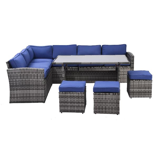 Sudzendf Gray 7-Piece PE Rattan Wicker Patio Outdoor Dining Sectional Sofa Set with Blue Cushions