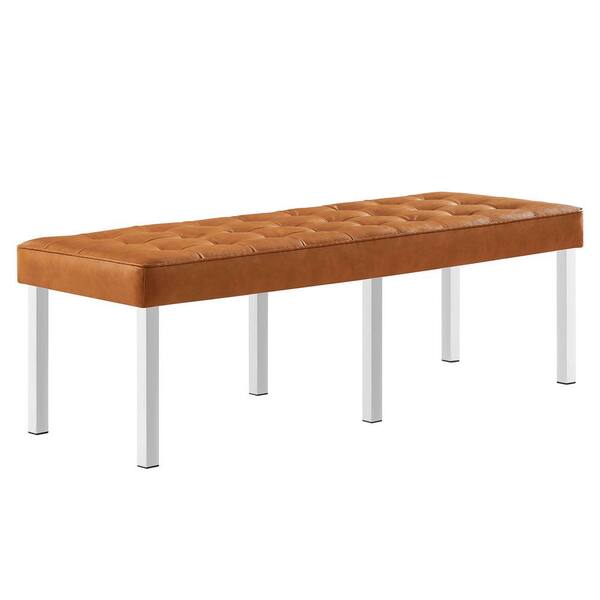 MODWAY Loft Tufted Silver Tan Large Upholstered Faux Leather Bench