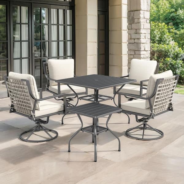 Komodo Black 6-Piece Metal Outdoor Dining Set with Square Table, Gray Wicker Backrests, and Beige Cushions