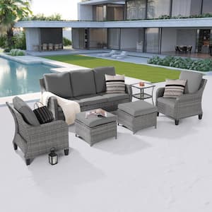 6-Piece Patio Conversation Sofa Set Gray Wicker with Side Table and Thickening Cushions, Gray