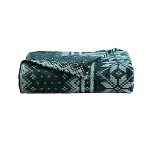 Fairisle Texture 1-Piece Green/Ivory/Grey Ultra Soft Plush Fleece Twin Blanket