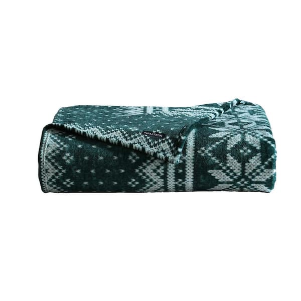 Nautica Fairisle Texture 1-Piece Green/Ivory/Grey Ultra Soft Plush Fleece Twin Blanket