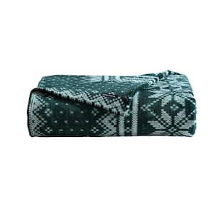 Fairisle Texture 1-Piece Green/Ivory/Grey Ultra Soft Plush Fleece Full/Queen Blanket