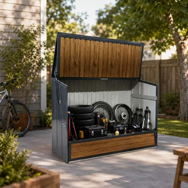 Wood Grain Galvanized Steel Storage Shed with Lift-Up Top and Foldable Front Door