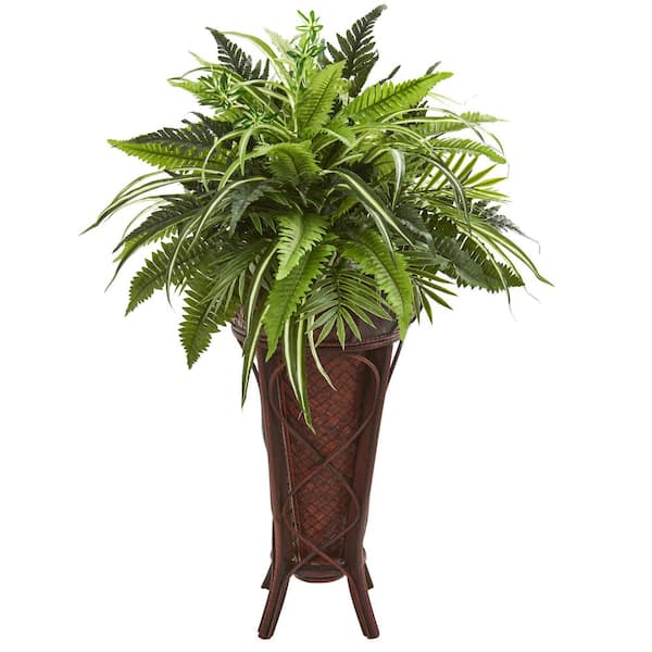 Nearly Natural Indoor 32 in. Mixed Greens and Fern Artificial Plant in Decorative Stand