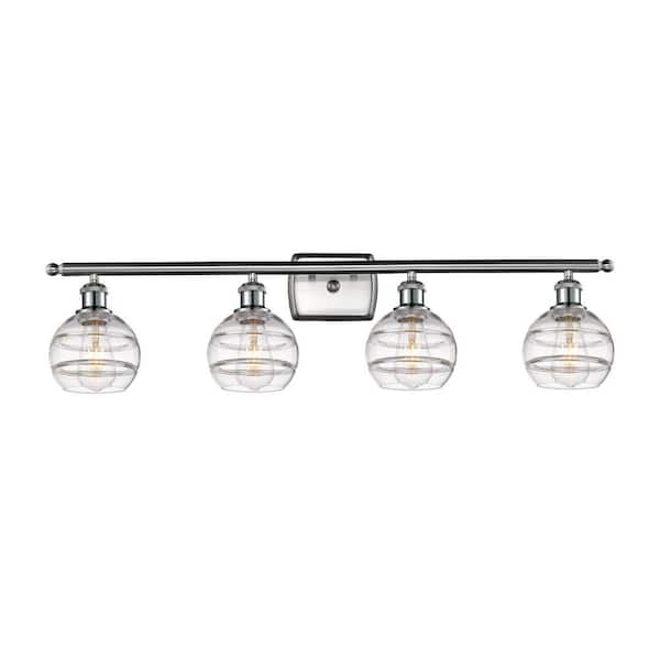 Rochester 35.88 in. 4-Light Brushed Satin Nickel Vanity Light with Glass Shade