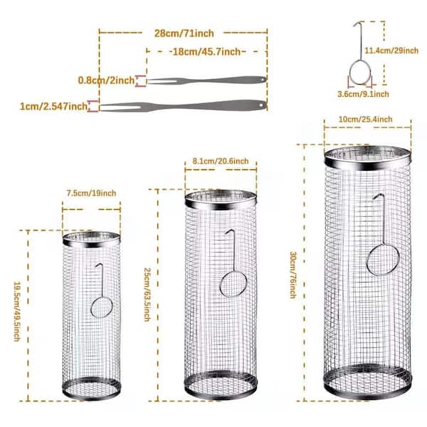 Stainless Steel Rolling Grill Basket with Round and Mesh for Outdoor Grilling, Vegetables, French Fries and Fish(1-Pack)
