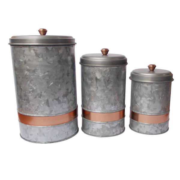 Benzara 3- Piece Galvanized Metal Lidded Gray Canister with Copper Band  I457-AMC0014