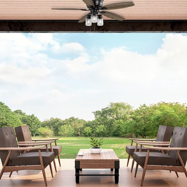 Stoneridge 52 in. Indoor/Outdoor LED Matte Black Hugger Ceiling Fan with Light Kit and 5 Reversible Blades Included