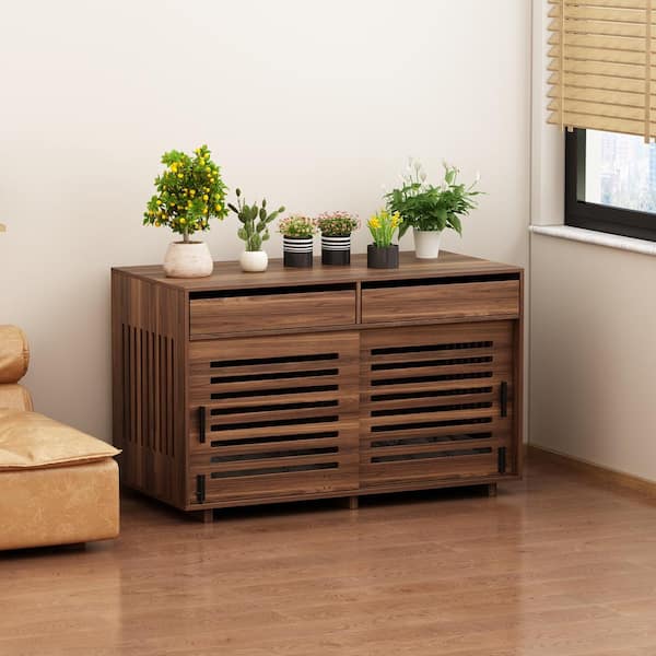 47.3 in. Width Walnut Rctangle Wooden Side Table with 2-Drawer & Sliding  Doors Dog Cage, Save Space, Aesthetic Furniture