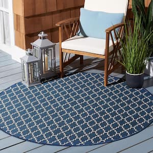 Courtyard Navy/Beige 5 ft. x 5 ft. Round Geometric Indoor/Outdoor Patio  Area Rug