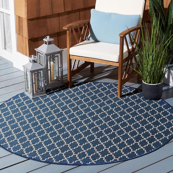 Courtyard Navy/Beige 7 ft. x 7 ft. Round Geometric Indoor/Outdoor Patio  Area Rug
