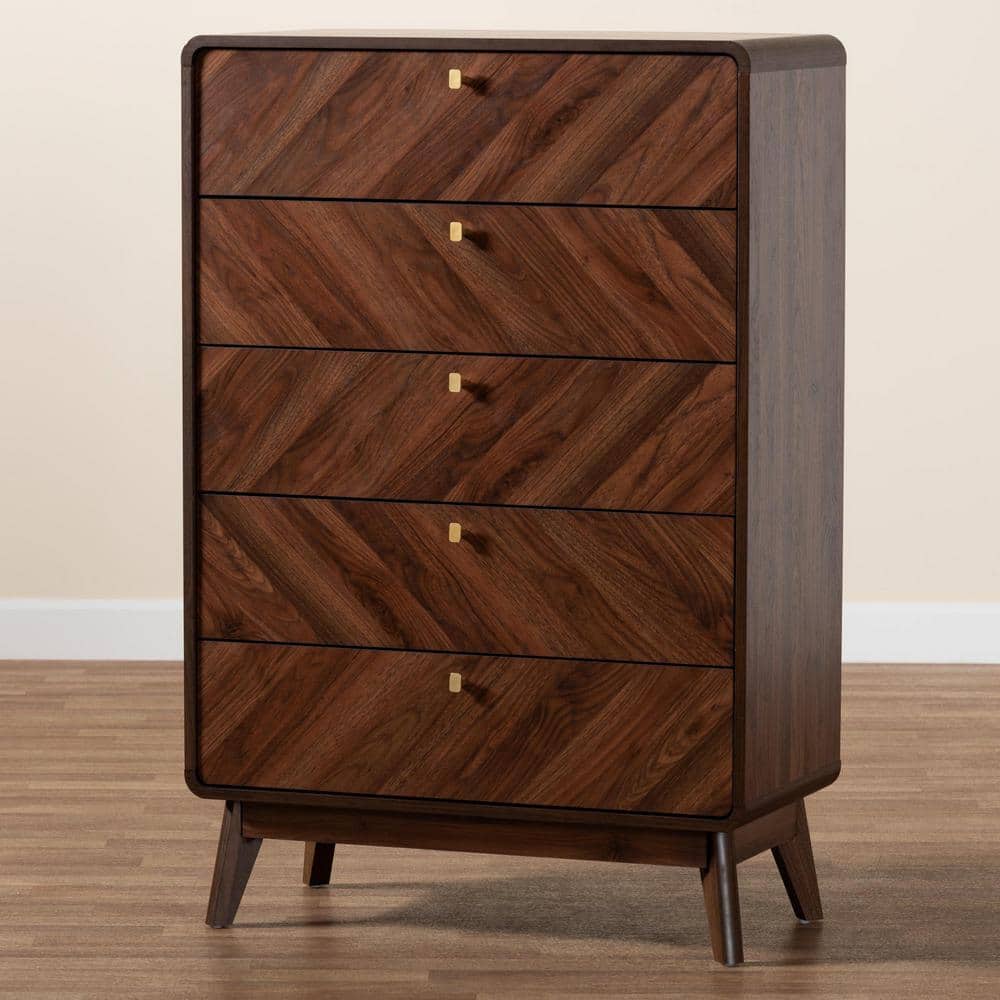 Walnut Brown Mid-Century Modern 5-Drawer Storage Chest
