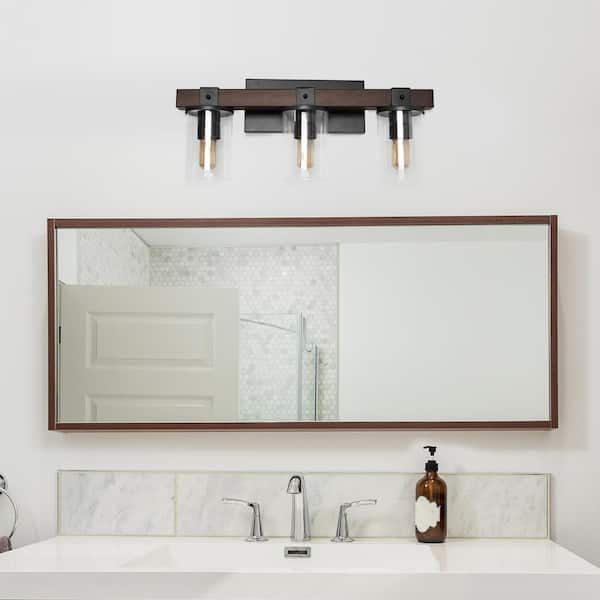 3-Light Brown Industrial Rustic Lantern Restored Wood Look Bath Vanity Light