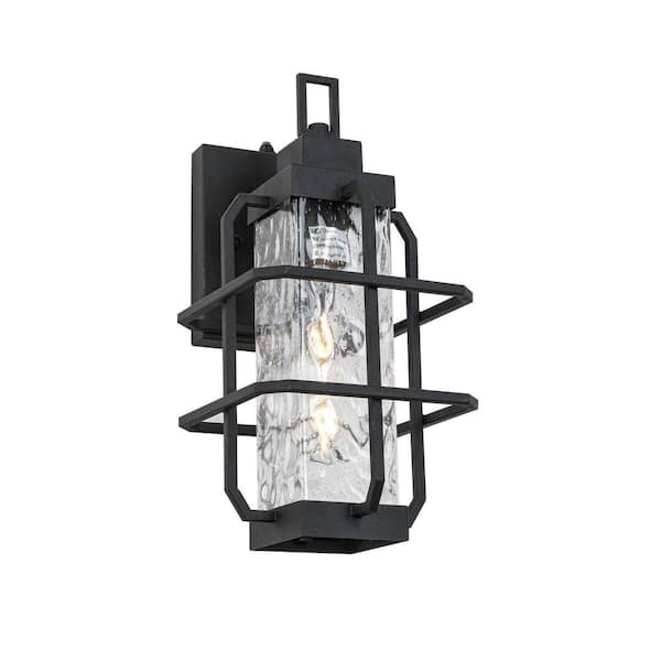 10 in. W 1-Light Sand Black Texture and Water Texture Glass Outdoor Induction Lantern Wall Sconce, Bulb Not Included