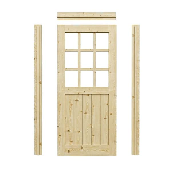 36 in. x 80 in. Pine Universal 9-Lite Clear Glass& 1-Panel Unfinished Dutch Wood Prehung Front Door+Quick Assemble Jamb