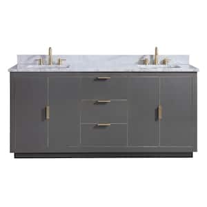 Austen 73 in. W x 22 in. D Bath Vanity in Gray with Gold Trim with Marble Vanity Top in Carrara White with Basins