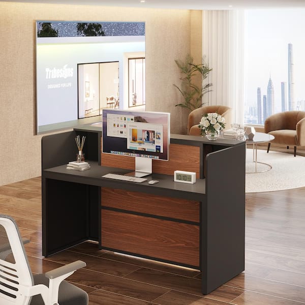 BYBLIGHT Moronia 63 in. Front Reception Counter Desk, Black and Brown Wood Executive Computer Desk Workstation with LED Lights