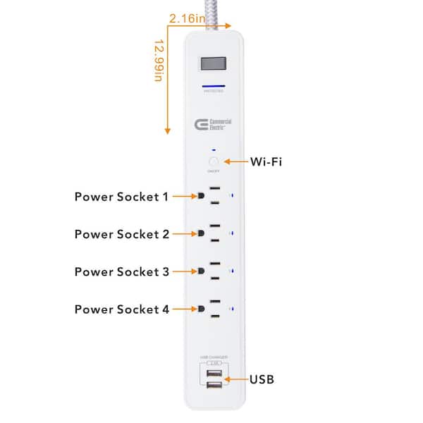 3 ft. 4-Outlet White Surge Protector Smart with USB Powered by Hubspace