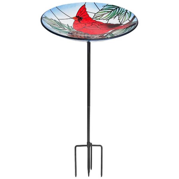 25 in. H x 11 in. Dia Cardinal Glass Birdbath with Metal Stake