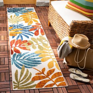 Cabana Cream/Red 2 ft. x 12 ft. Abstract Palm Leaf Indoor/Outdoor Patio  Runner Rug
