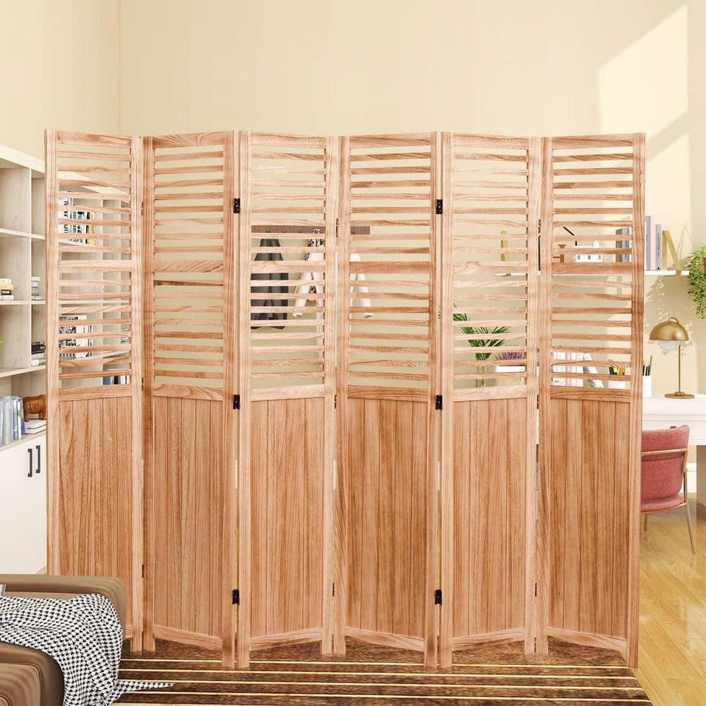 65 in. H Natural Light Brown Wood 6 Panel Folding Rustic Freestanding Privacy Screen with Louvered Design Room Divider