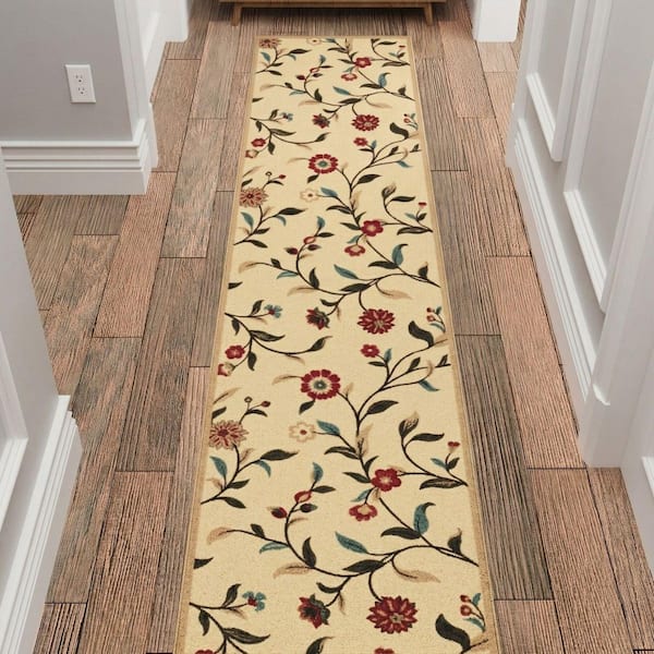 Homeline Non-Slip Rubberback 2 ft. x 11 ft. Floral Indoor, Beige Runner Rug