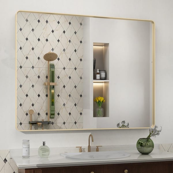 Apmir 40 in. W x 32 in. H Rectangular Aluminum Alloy Framed and Tempered Glass Wall Bathroom Vanity Mirror in Brushed Gold