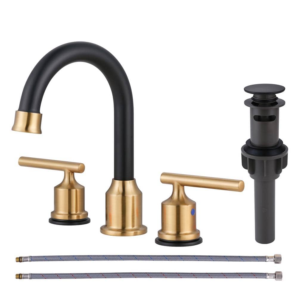 WOWOW 8 in. Wide Spread Double Handle Bathroom Faucet in Black and Gold ...