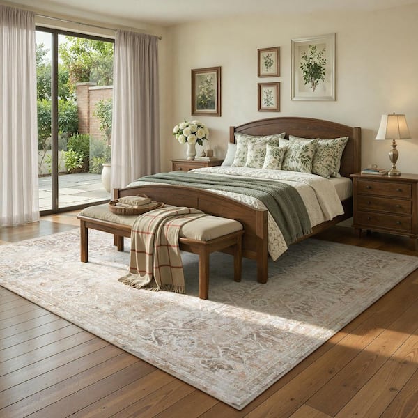 9 ft. x 12 ft. Khaki Vintage Floral Tribal Washable Non Slip Ultra-Thin Soft Area Rug