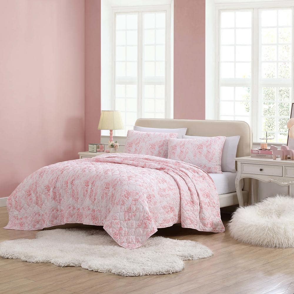 Full Pink Microfiber Reversible Quilt Set with Shams