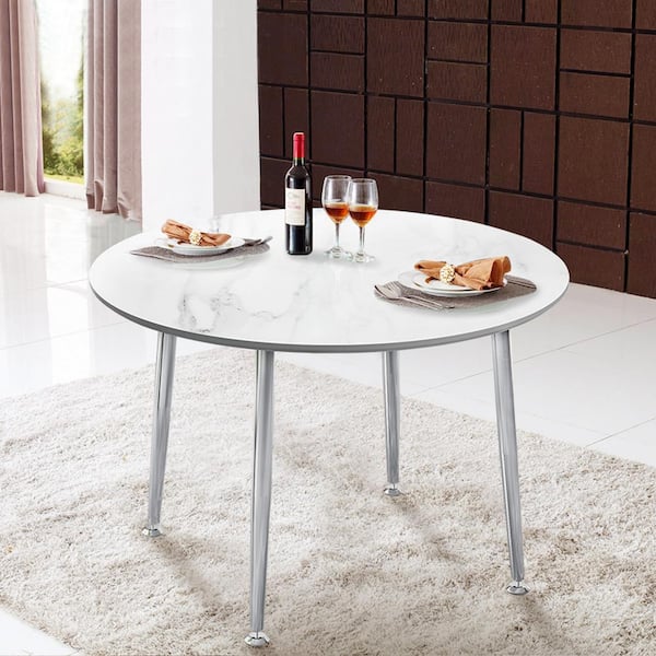 Polibi Modern 44.8 in. White Faux Marble Round Metal 4-Legs Dining Table Seats 4 to 6