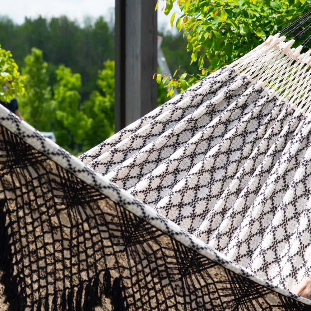 Luxo Black and White Brazilian Cotton Double Hammock with Fringe