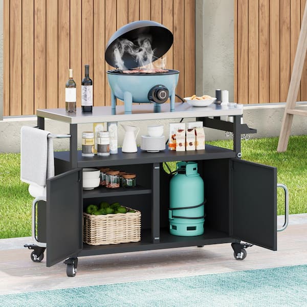 Jintop 50.25" Kitchen Island Rolling Bar Cart & Storage Cabinet,Farmhouse Solid Wood Outdoor Grill Table With Stainless Steel Top And Spice, Towel Rack For BBQ,Grey Blue