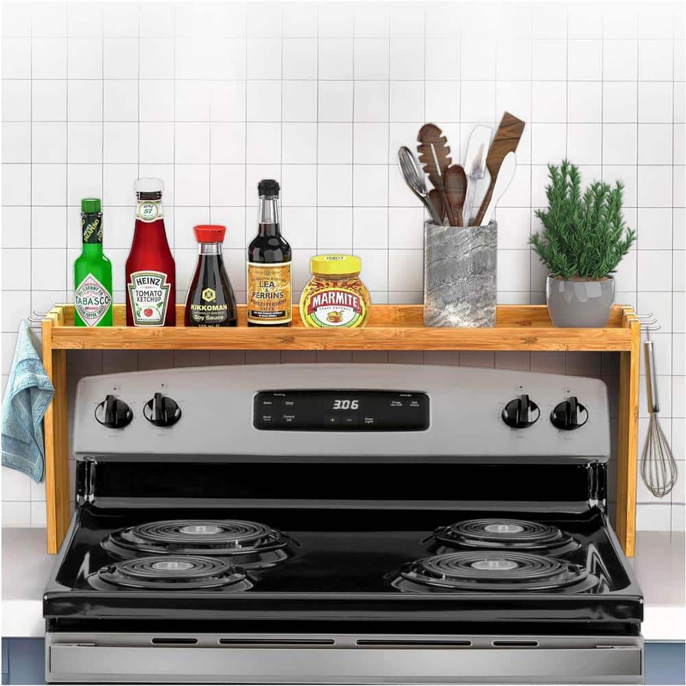 Bamboo Over the Stove Spice Rack Organizer with 6 Hooks 11.4 in. H Storage 