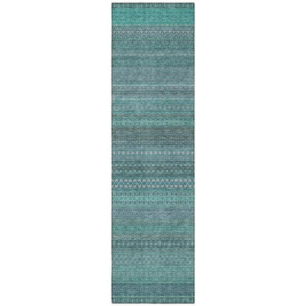 Turquoise 2 ft. x 8 ft. Woven Striped Polyester Runner Indoor / Outdoor Area Rug