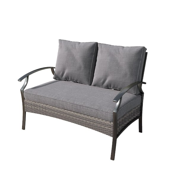 Uixe Black Metal Outdoor Patio Loveseat with Gray Cushion